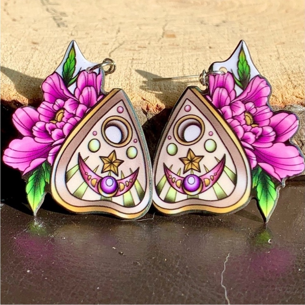 Halloween Spooky Season Purple Moon Phases Witch Planchette Acrylic Earrings
